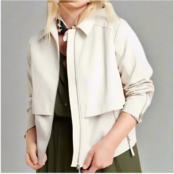 Anthropologie Anorak Jacket Crop Womens Extra Large Ivory Faux Leather Back Knit - Picture 8 of 11